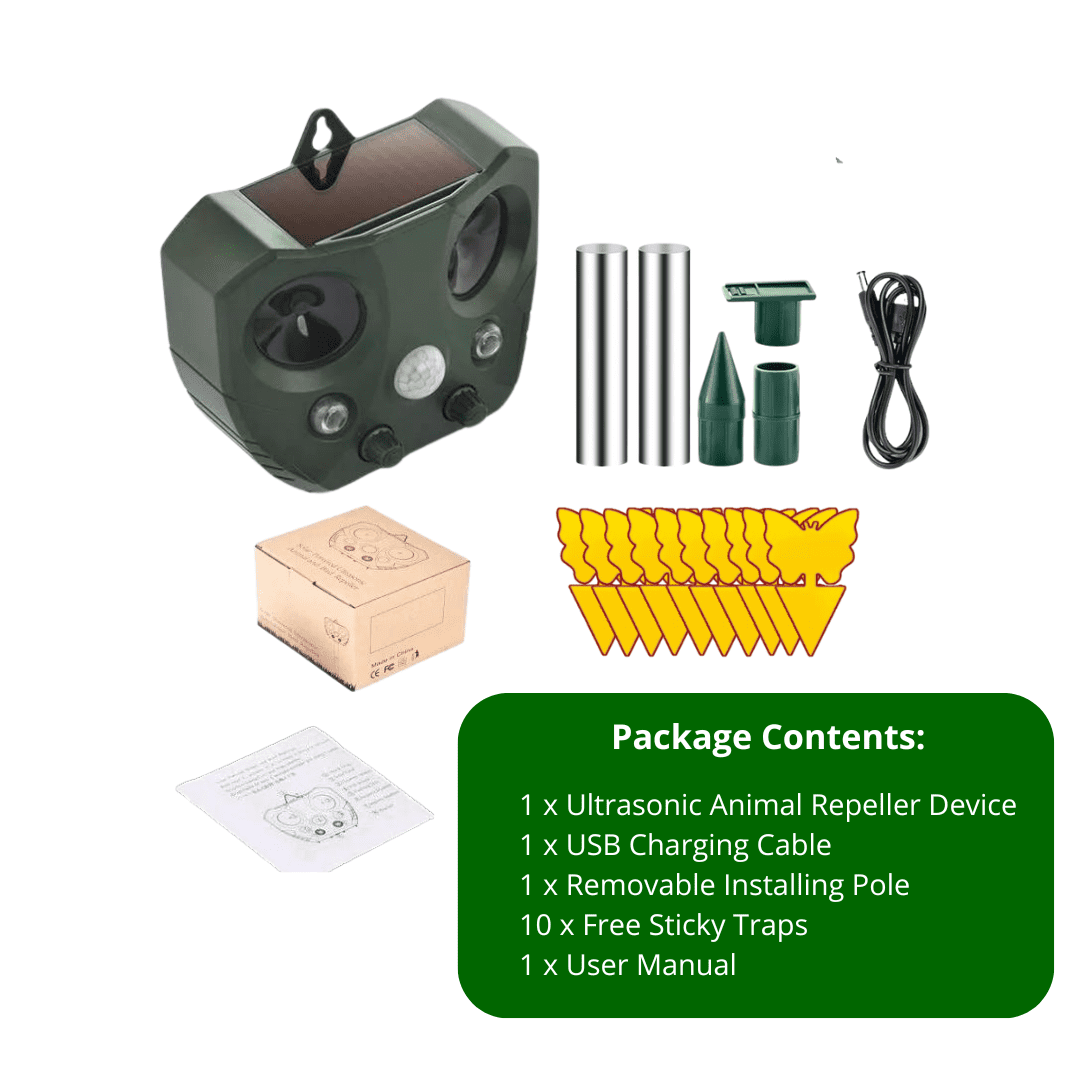 Solar and Ultrasonic Animal Repeller with PIR Sensor. The Upgraded Solar Ultrasonic Animal Repellent is designed to repel unwanted animals from gardens and outdoor areas