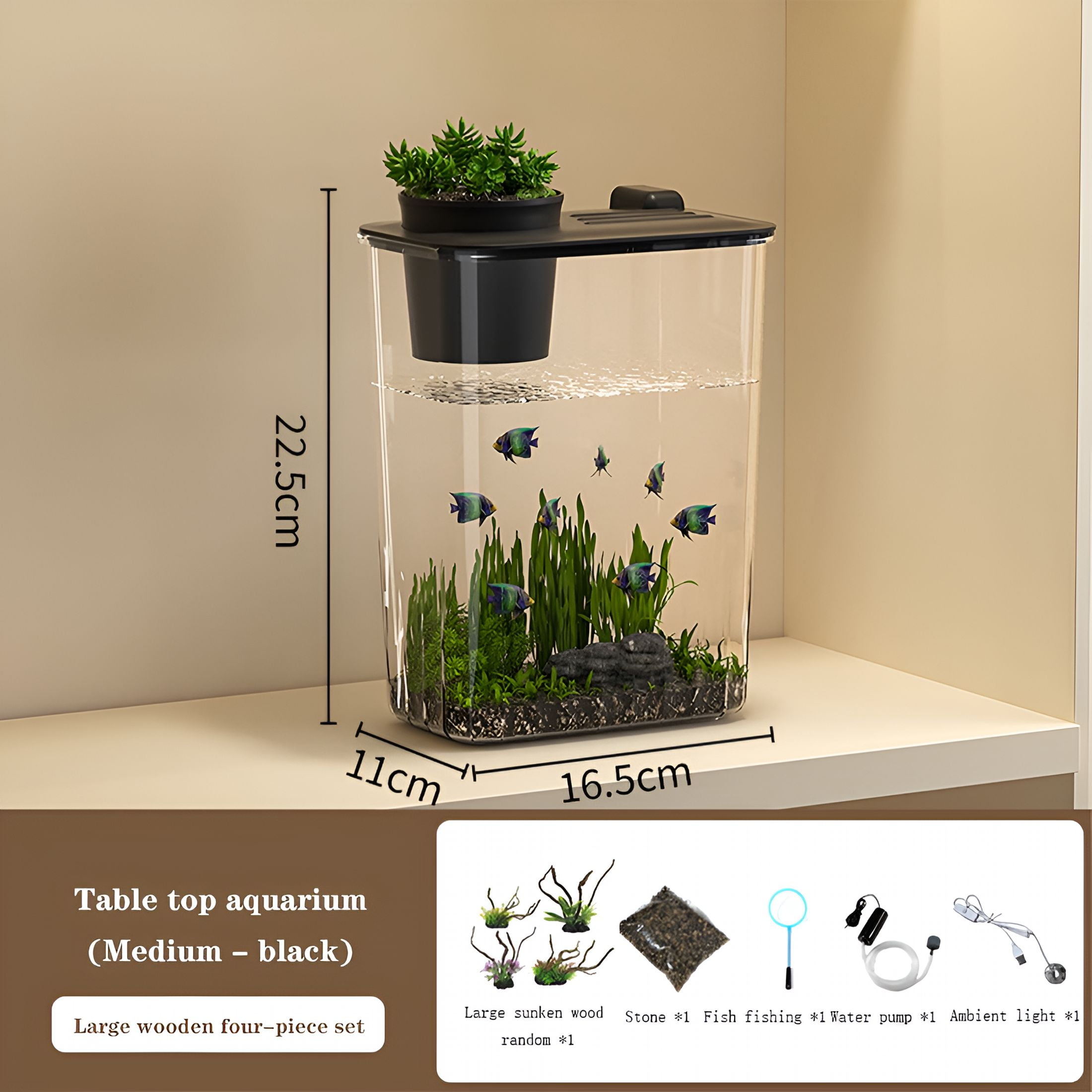 ACDANC Small Fish Tank, Betta Fish Tank Desktop Mini Fish Bowl with Pump, LED Light, Simulated Water Plants for Home Office Tabletop