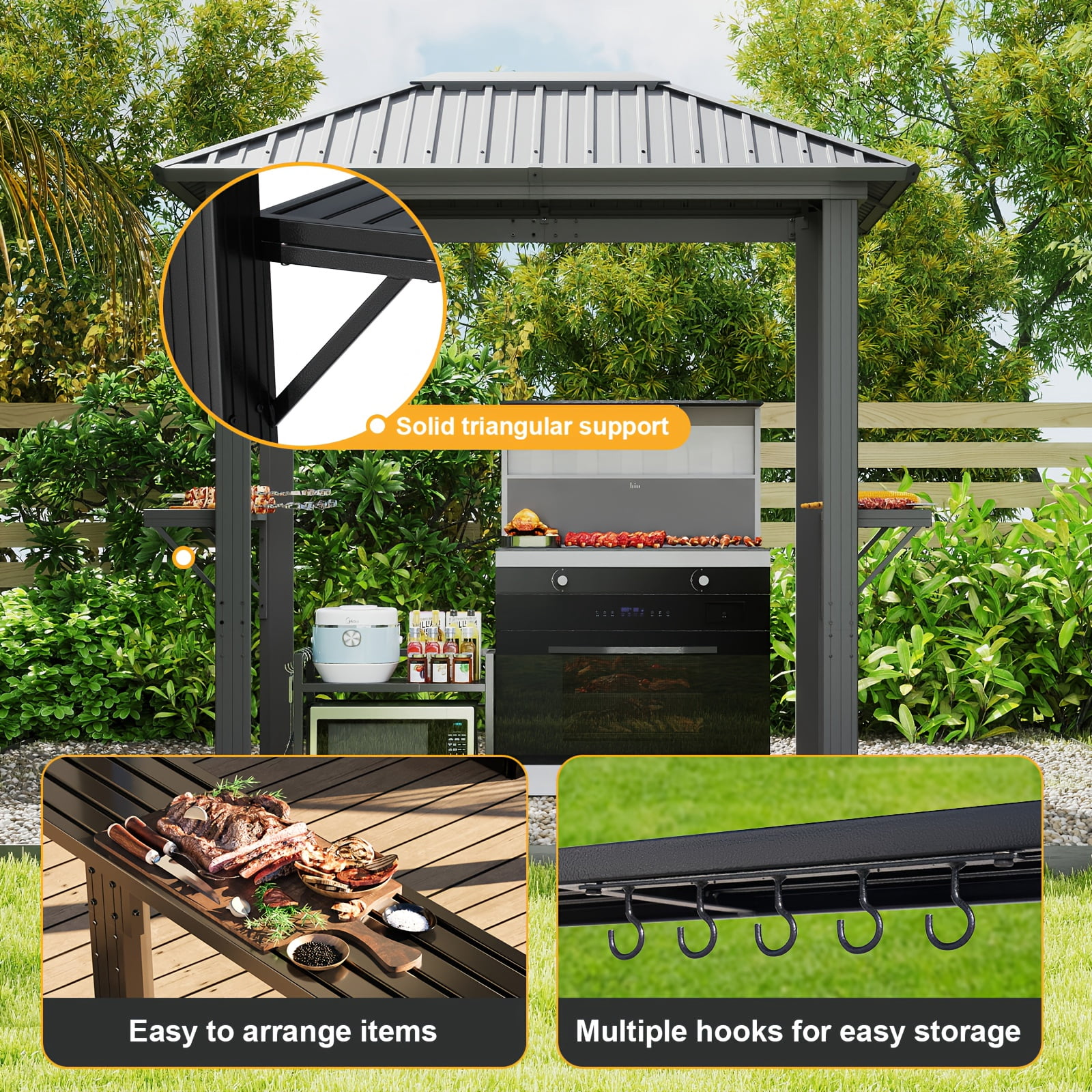 Bapipro 5'x8' Hardtop BBQ Gazebo – Galvanized Steel Roof, Aluminum Frame & Built-in Shelves for Outdoor Cooking
