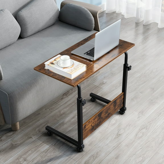 Hassch Movable Sofa Side Table Height-Adjustable Computer End Desk with Wheels, Retro Wood Top