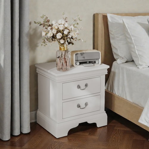 Cterwk 2 Drawers Beside Table with Handle, Wooden Nightstand for Living Room, Bedroom, White