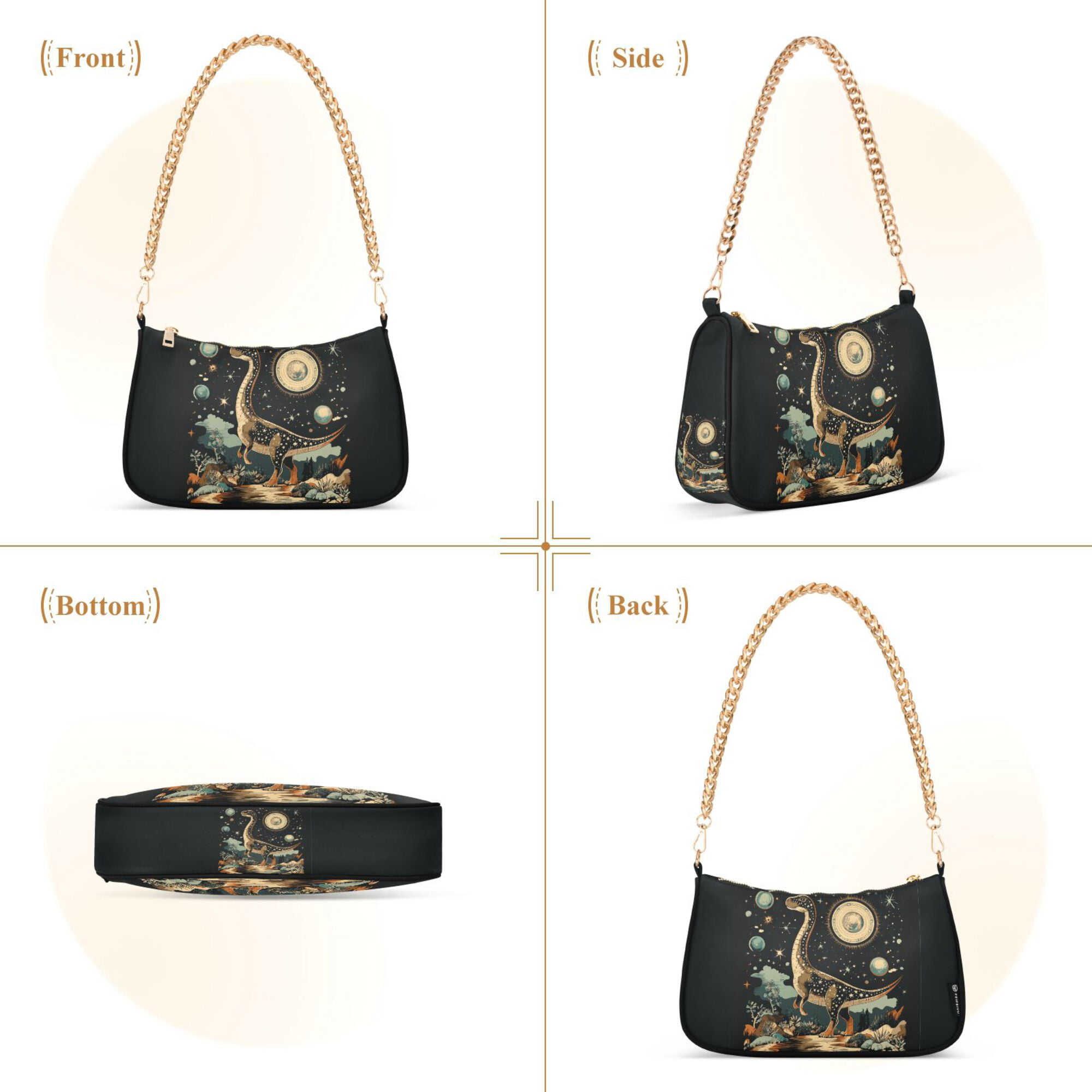 FORMRS Womens Shoulder Bag with Chain Strap Clutch Purse Cute Tote Handbag, Black Dinosaur