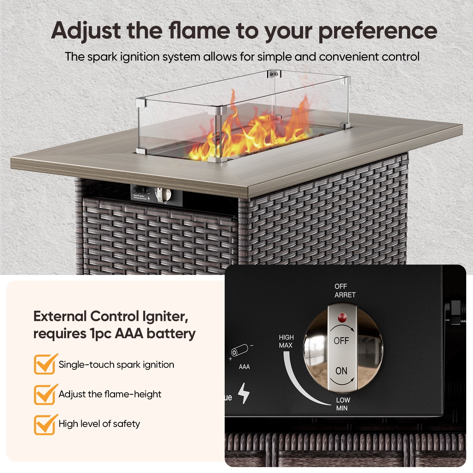 Gymojoy Brown 41 in. 50000 BTU Rectangular Wicker and Metal Propane Outdoor Dining Fire Pit Table with Glass Wind Guard Lid,Lava Rocks