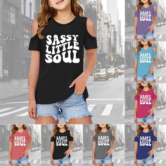 RTKFRFLM Girls Cold Shoulder Graphic T-Shirt Kids Short Sleeve Open Shoulder Fashion Tee Top for Summer Trendy Cotton Print Shirt Stylish Cut-Out Shoulder School Outfits Soft