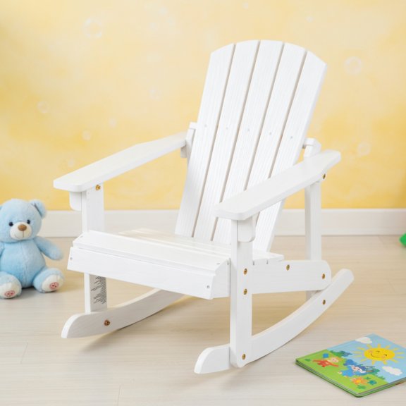 Topcobe Outdoor Wooden Kid Adirondack Rocking Chair with Slatted Seat, Toddler Living Room Chair-White