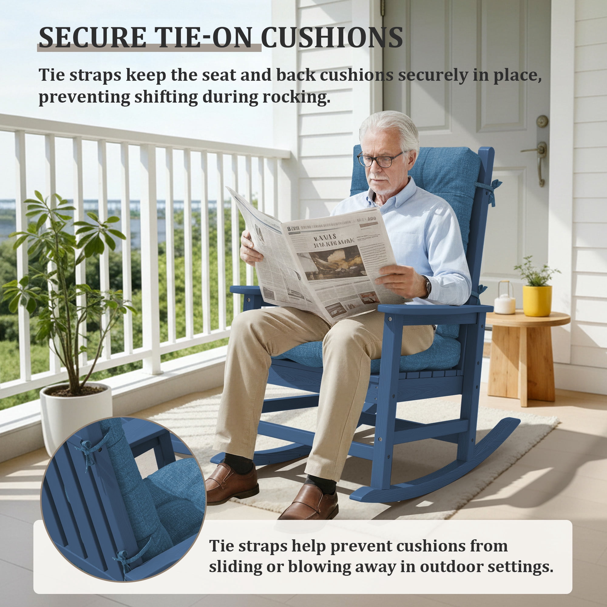 FUNDAZE Outdoor Chair Cushion, 47"L x 19.9"W 2 Piece Cushion W/ Ties for Indoor Outdoor Rocking Chairs, Dark Blue