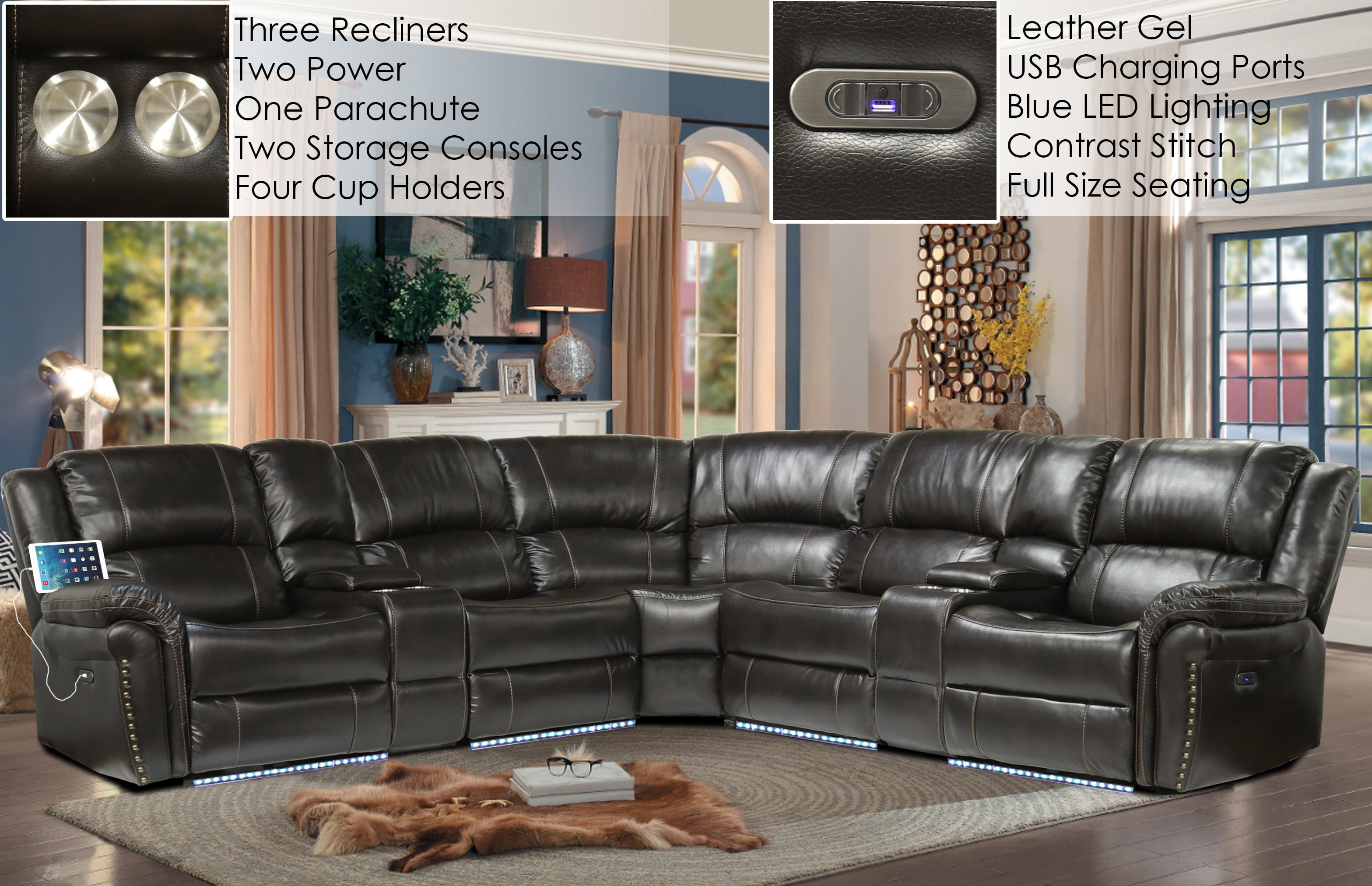 Infinite Imports Power Recliner Sectional With LED Lights & USB Ports