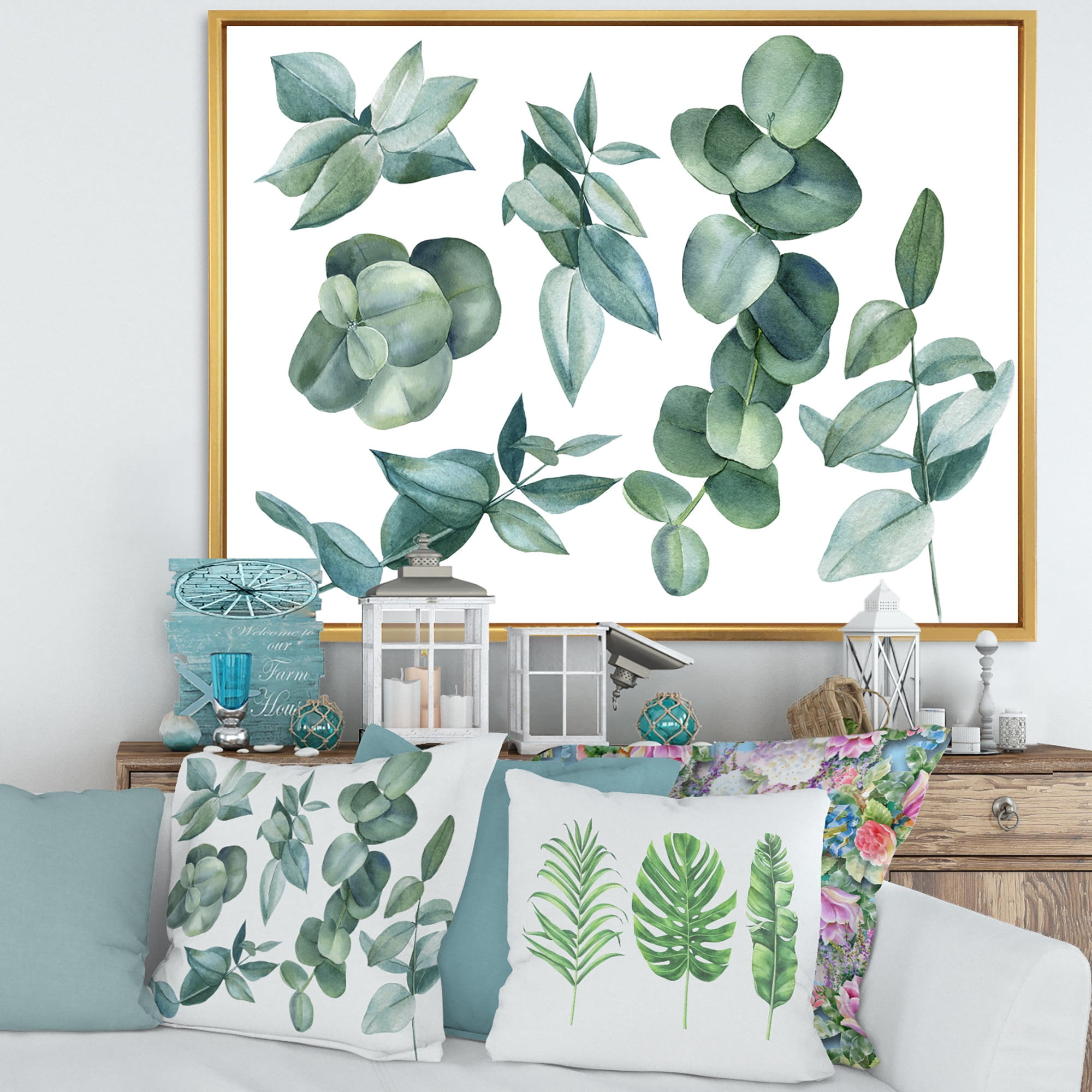 Eucalyptus Leaves In Dark Green 32 in x 24 in Framed Painting Canvas Art Print, by Designart