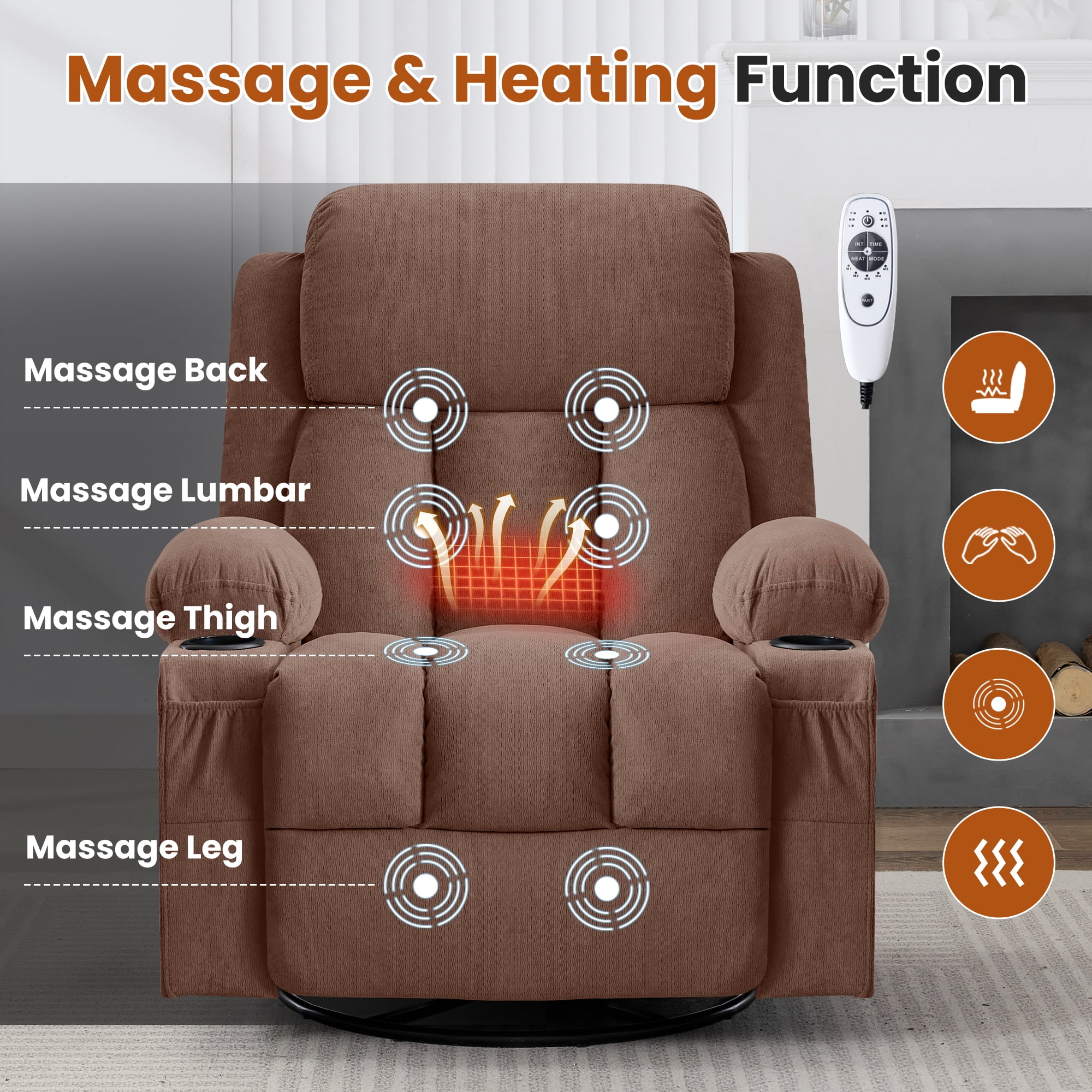 360° Swivel Rocker Manual Recliner Chair with Heat, Massage, USB Charge Port, cup holders
