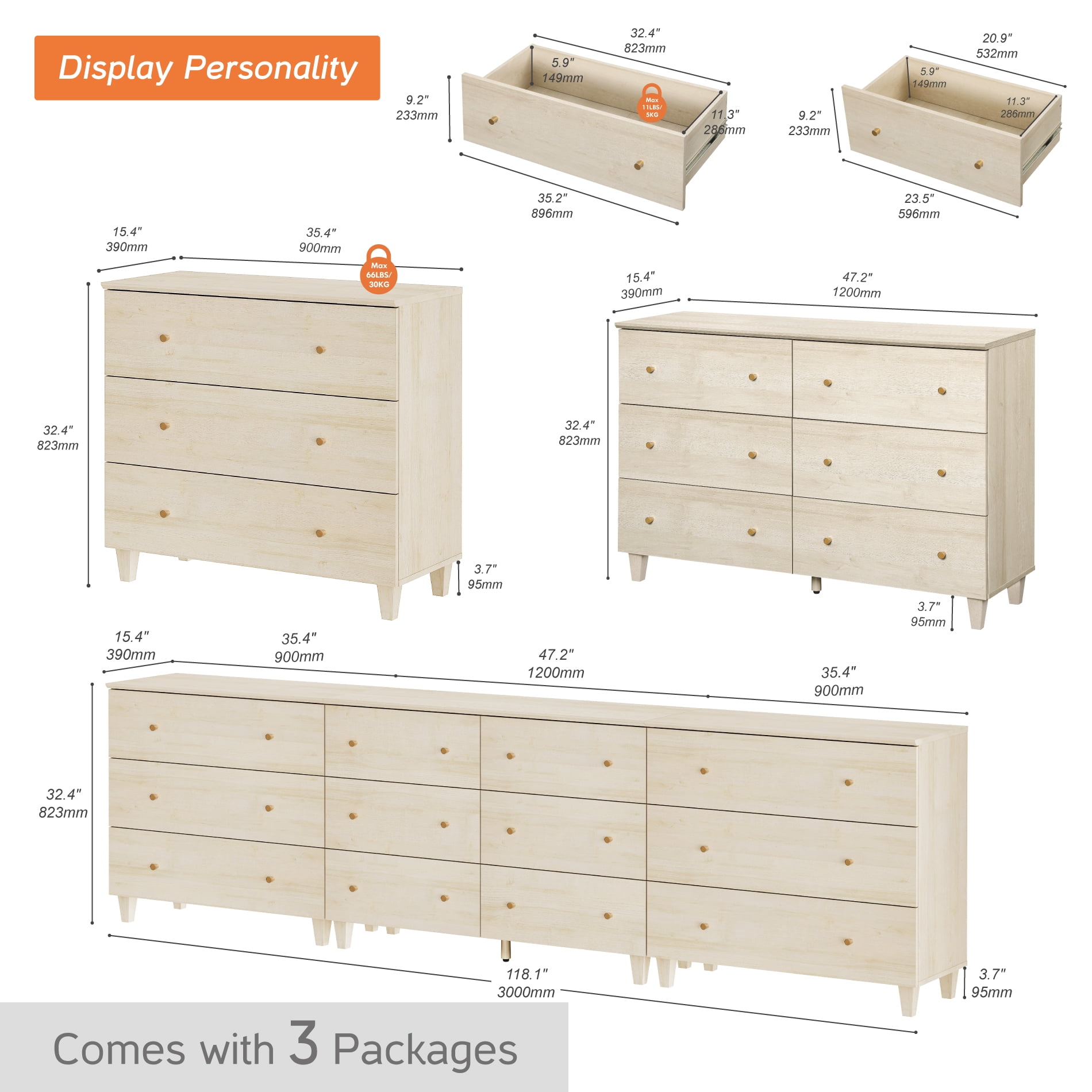 WAMPAT Modern TV Stand for 100+ Inches TVs, 3-in-1 Large Wooden Media Console with 12 Spacious Drawers for Living Room, Beige