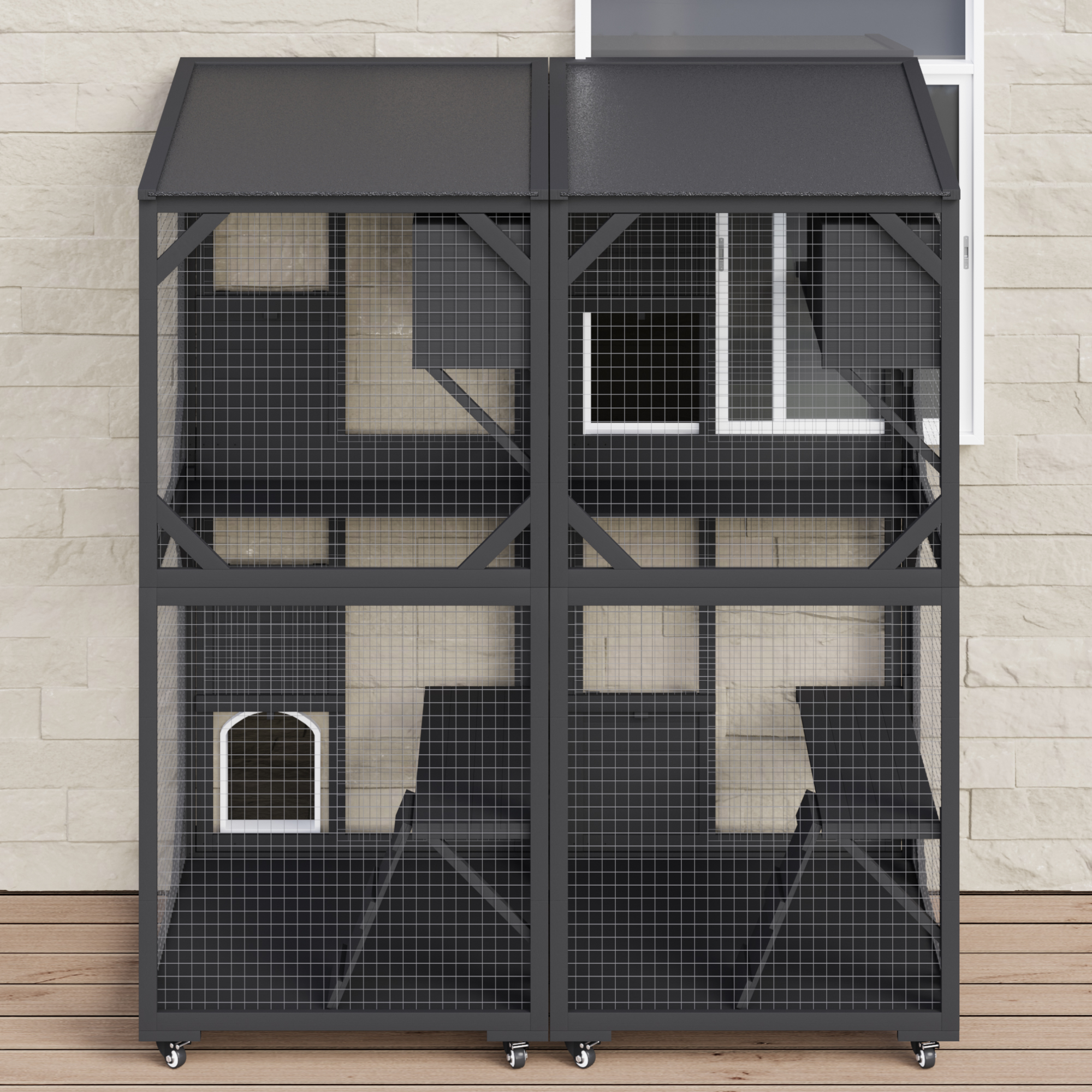 Furmax Outdoor Cat Catio Large Wooden Cat House Patio for Indoor Cats Feral Cat Shelter with 2 Espace Doors, 1 Resting Rooms, 3 Platforms, Waterproof roof