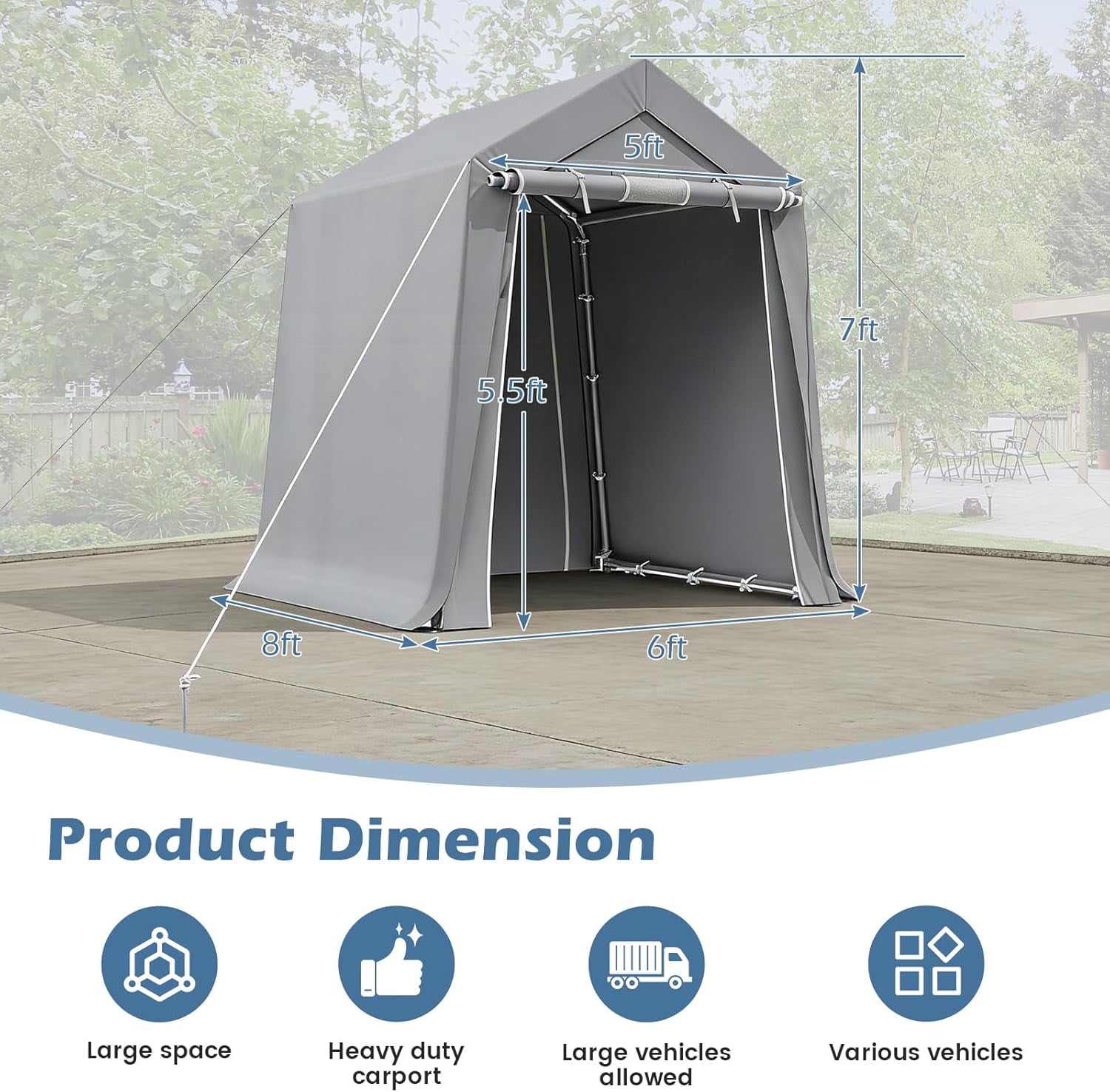 Erommy 6x8 FT Outdoor Storage Shed, All-Weather Portable Shed with Rolled up Zipper Door for Motorcycles,Bikes and Garden Tools