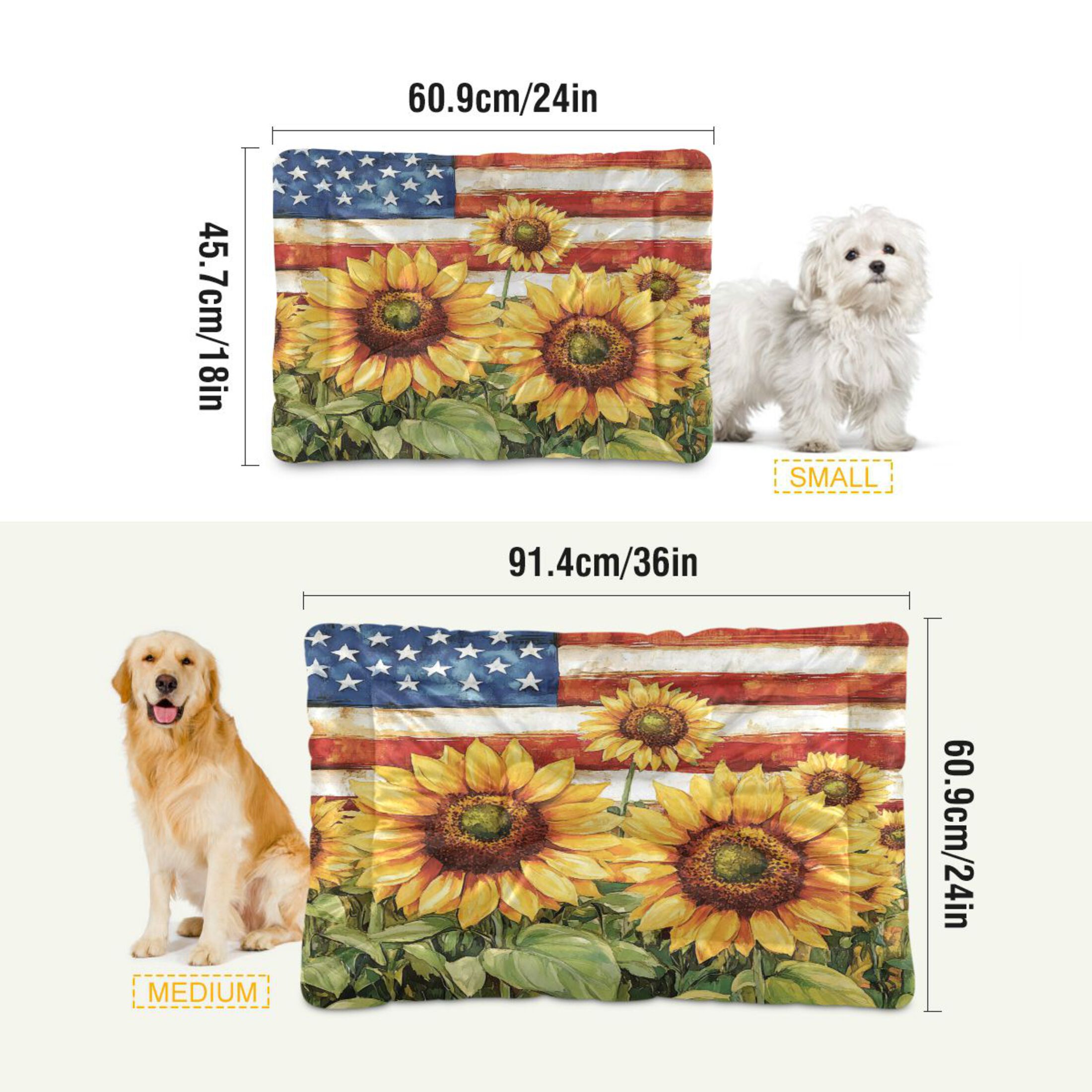Qxltty Sunflower American Flag Ped Pad Wear-resistant and Hard to Bite Through Sleeping Pad for Small Medium Large Dogs Winter Pet Bed 36×24in