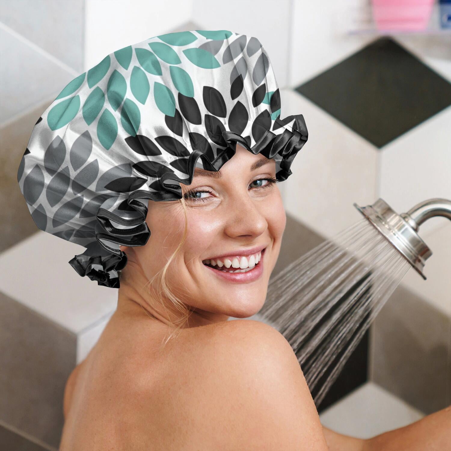 Shower Caps,Simple Petal Shaped Geometric Floral Pattern Waterproof Shower Cap for Women 4 Pieces,Double Reusable Hair Cover for Shower PEVA Elastic Stretch Hem