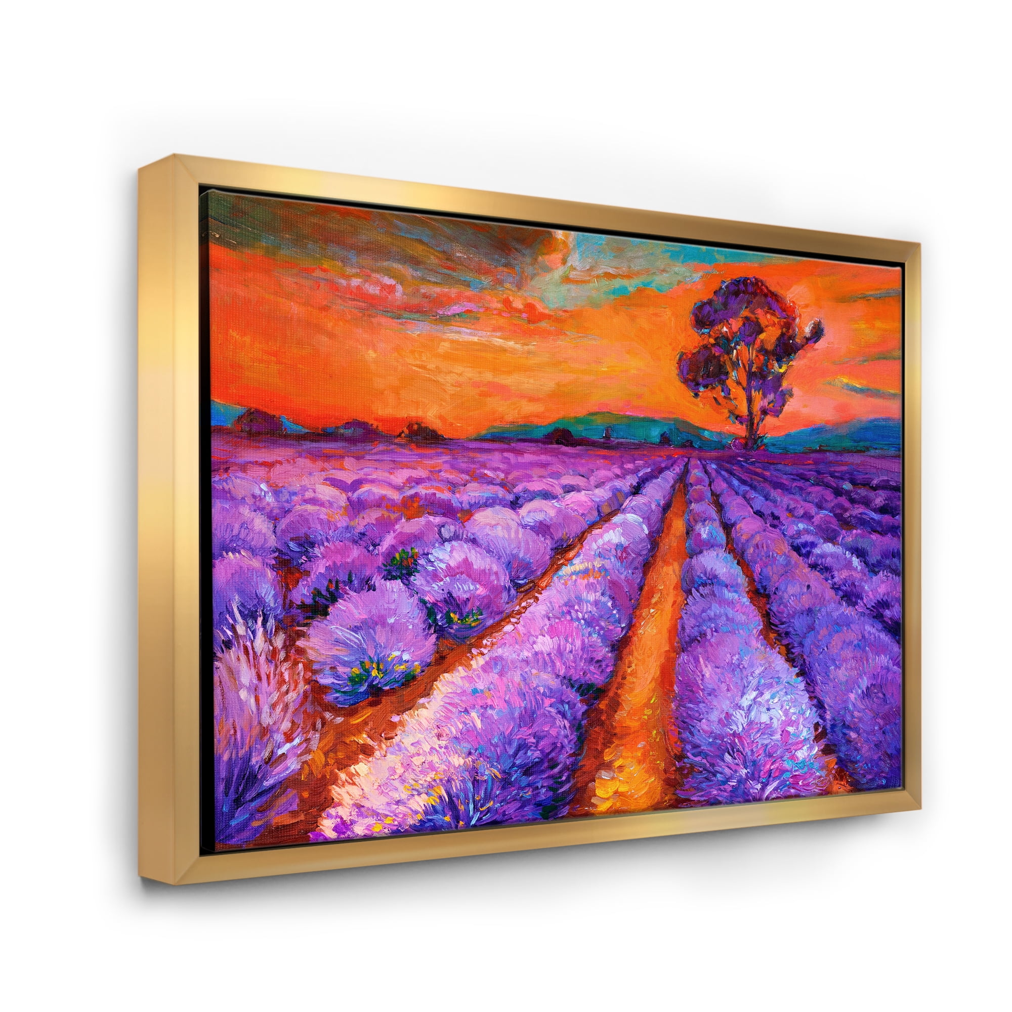 An Orange Sunset Over Purple Lavender Fields I 32 in x 24 in Framed Painting Canvas Art Print, by Designart