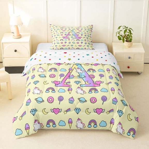 Manfei Kawaii Rainbow Alphabet A Twin Comforter Sets,Dreamy Unicorn Bedding Set,Yellow,Polkadot Reversible,2pcs,1 Comforter and 1 Pillowcase