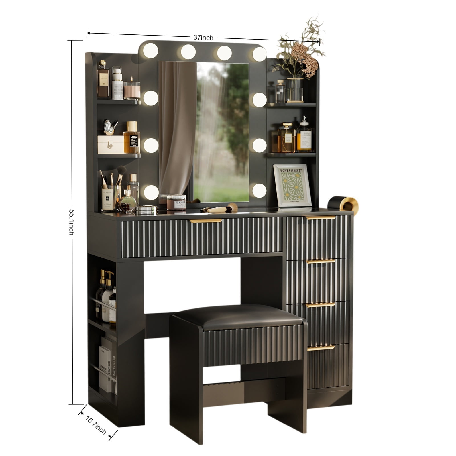 Hommoo Vanity Desk with Mirror and 3 Colors Lights, Makeup Vanity Set Dressing Table with Charging Station, Transparent Tabletop, 5 Drawers & Open Storage for Bedroom, Black