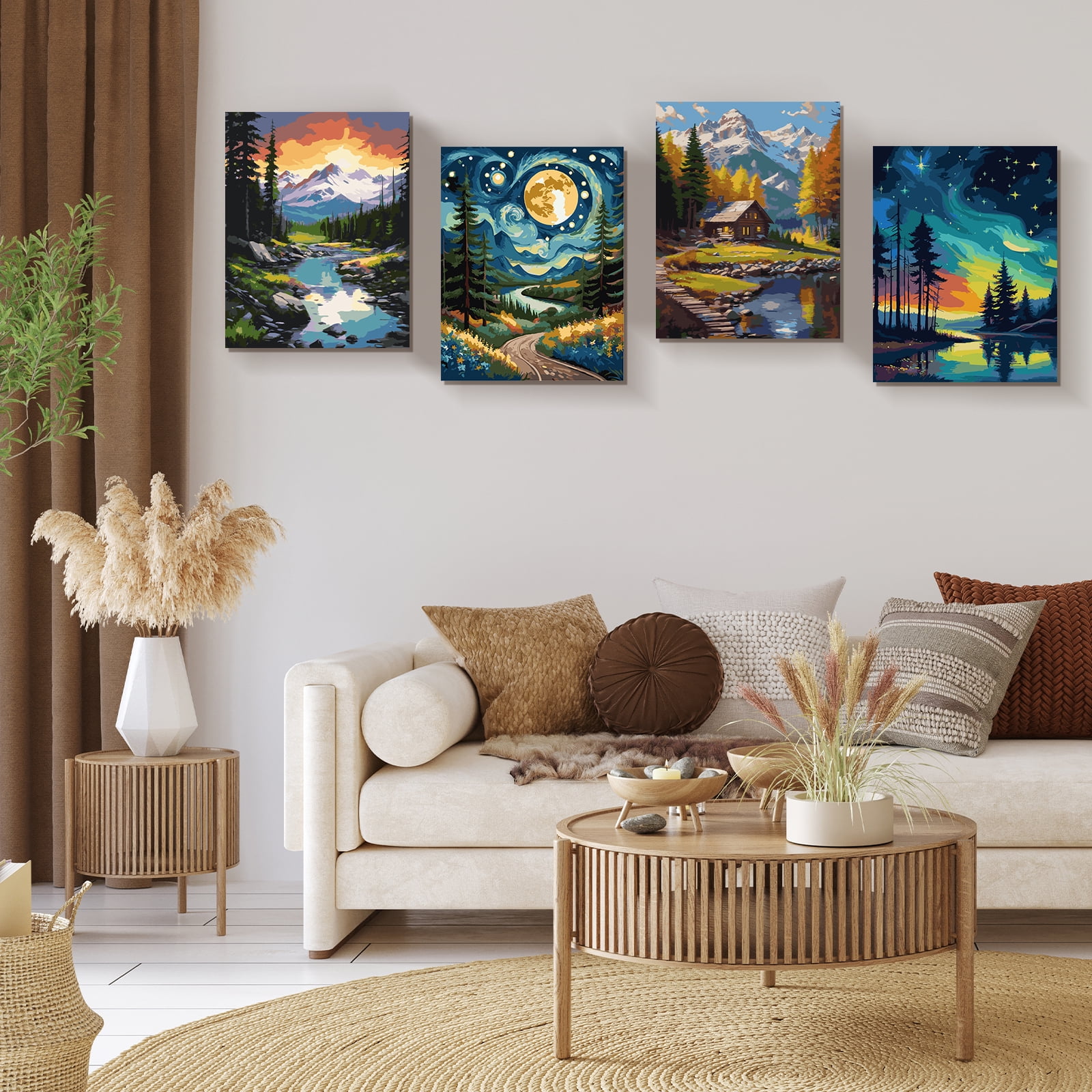 Qoosea 4 pack Paint by Numbers Kit for Adults with Frame, Paint by Number with Wooden Easel Diy Landscape Paint Kits for Adults for Home Decor Wall Decor 11.8x9.4inch