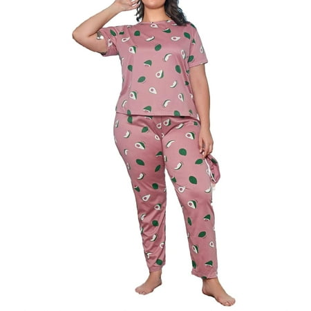 

Womens Plus Pajamas Sets Graphic Print Pant Sets Sleepwear PJ Set Dusty Pink 5XL