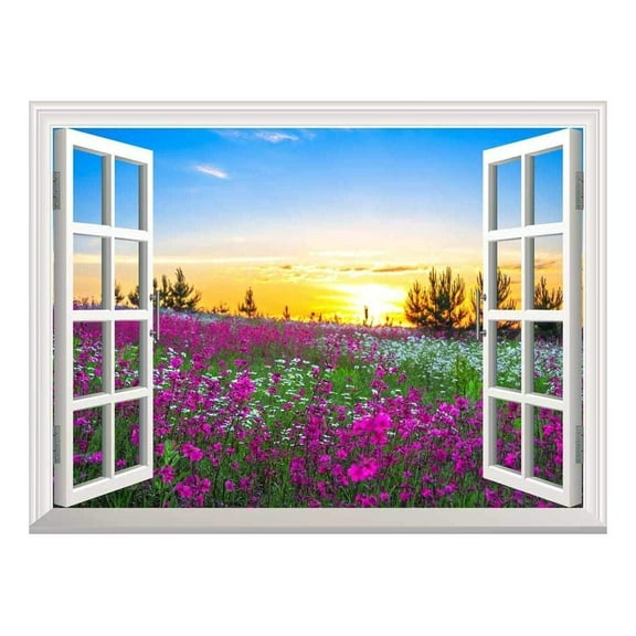 wall26 Removable Wall Sticker/Wall Mural - Beautiful Summer Sunrise Over a Blossoming Meadow | Creative Window View Wall Decor - 36"x48"