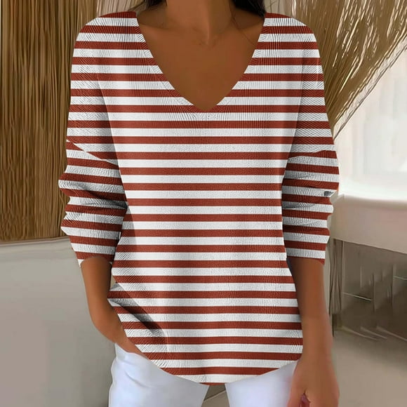 Fankiway Womens Oversized Long Sleeve T Shirts Ladies' Casual Striped and Printed V-neck Long-sleeved Loose and Versatile Top Red 4XL