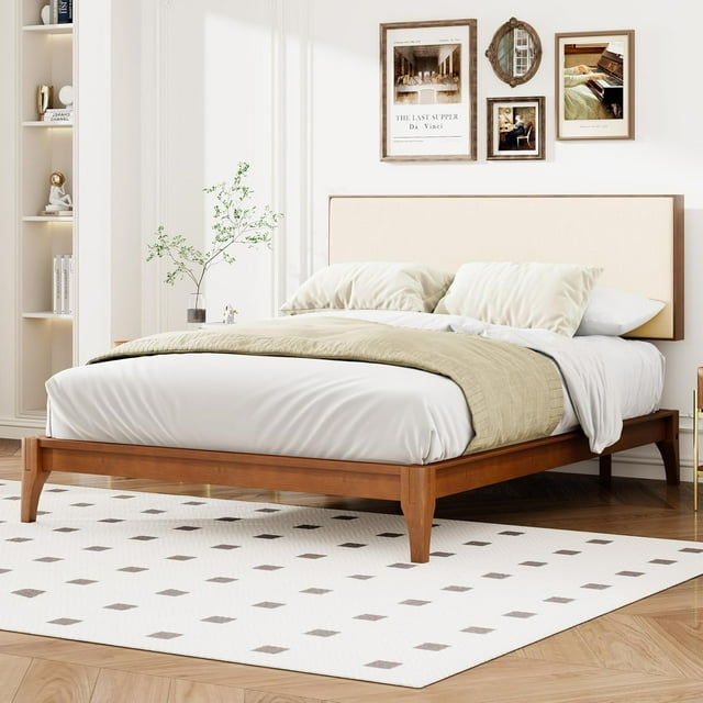 Queen Size Bamboo Platform Bed,Modern Bed Frame with Upholstered Adjustable Headboard, Wood Slat Support, No Box Spring Needed, Easy Tool-Free Assembly, Brown+Beige