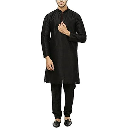 

Royal Mens Silk Blend Neck Embroidery Kurta Pyjama Set Black