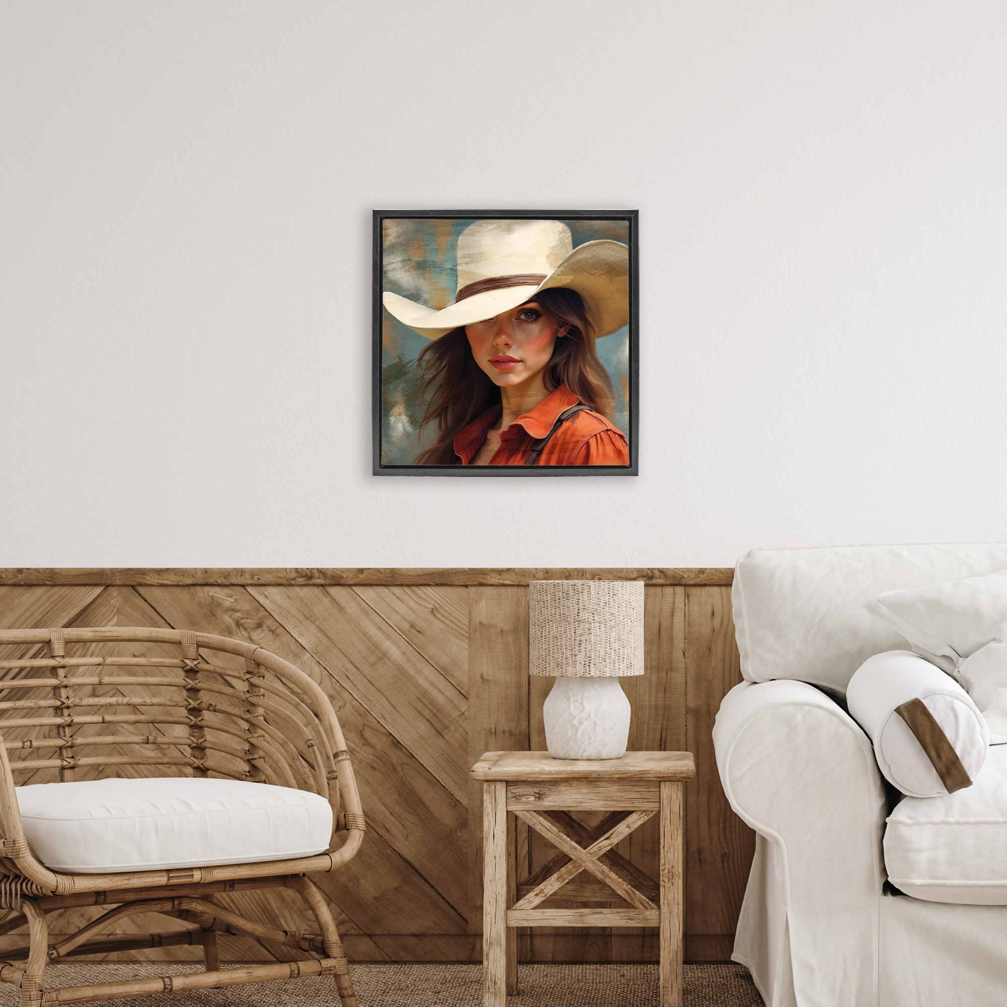 Cowgirl Gaze Beneath Hat Black Framed Floater Canvas Wall Art, design by Kim Allen