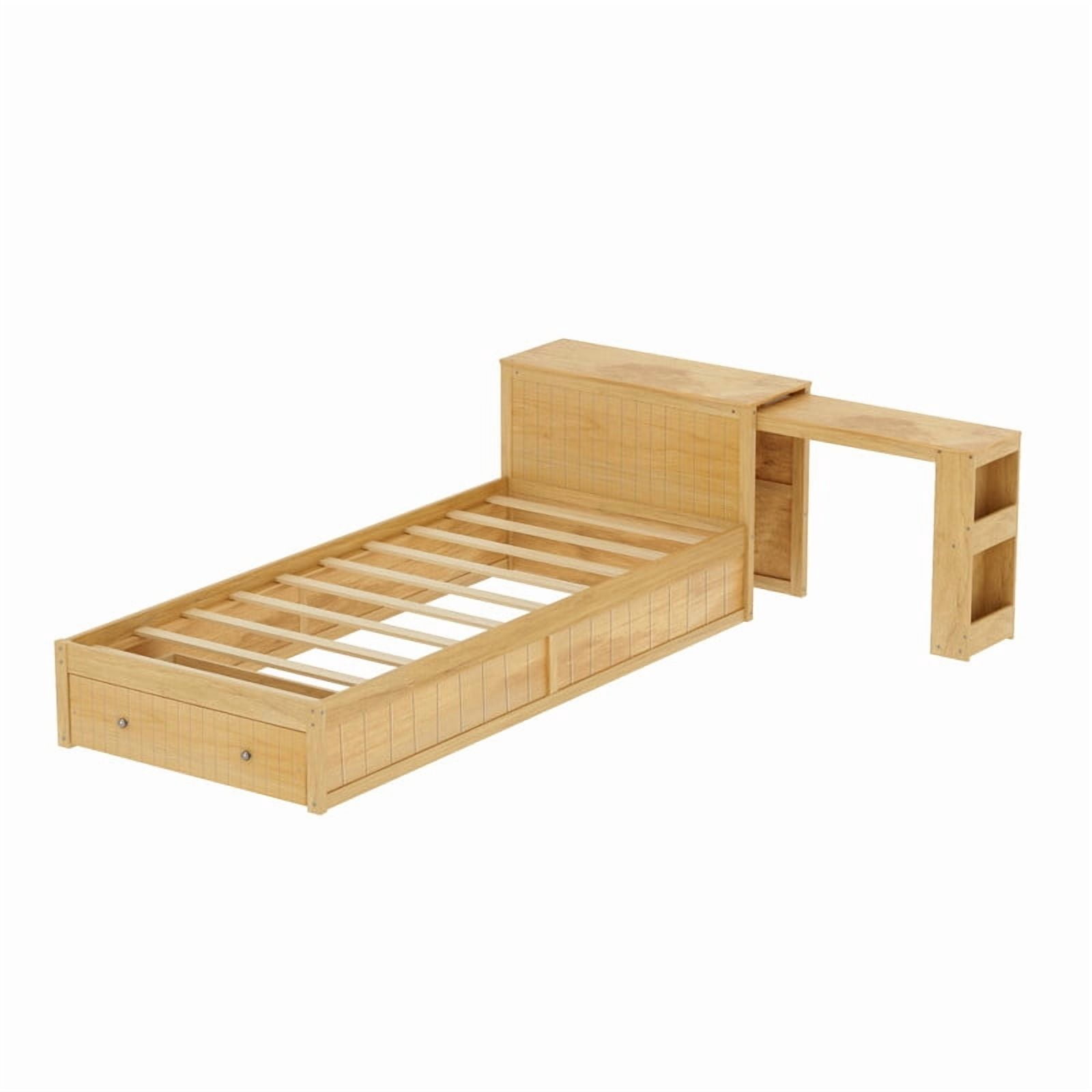 Twin Size Platform Bed with Pull-Out Hidden Desk, Wood Storage Bed Frame with Headboard Shelving & Footboard Drawer