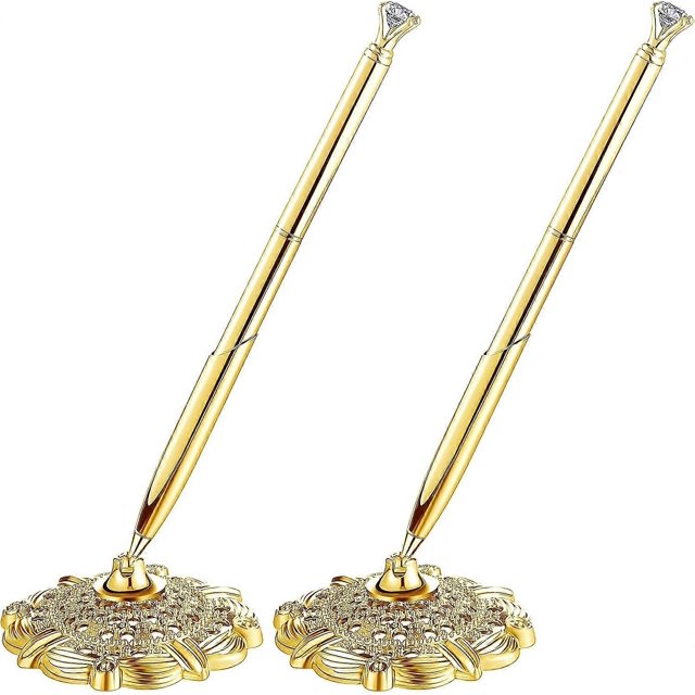 Ensemble de 2 Porte-Stylos Ronds Creux et Stylos avec Grand Stylo Cristal Diamant Fixé sur Bureau, (Or)