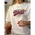 thumbnail image 1 of Women'S Vintage Wrinkly Retired Logo Print T-Shirt, Polyester Crew Neck Tee, Short Sleeve, Regular Length, Knit Fabric, Geometric Pattern, for Summer Casual Wear, 1 of 6