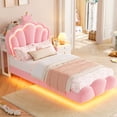 thumbnail image 2 of Hiphuta Twin Floating Bed Frame with Crown Storage Headboard, Velvet Upholstered Platform Bed with LED Lights & Charging Station, No Box Spring Needed, Pink, 2 of 7