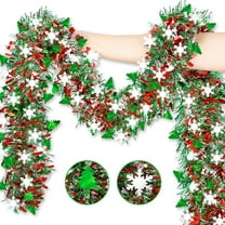 2 Pack Christmas Snowflake Tinsel Garland, 6.56Ft Red Silver Green with Snowflake Chunky Glittery Holiday Hanging Tinsel Decorations for Christmas Wedding Birthday Party Supplies Home Decor ﻿