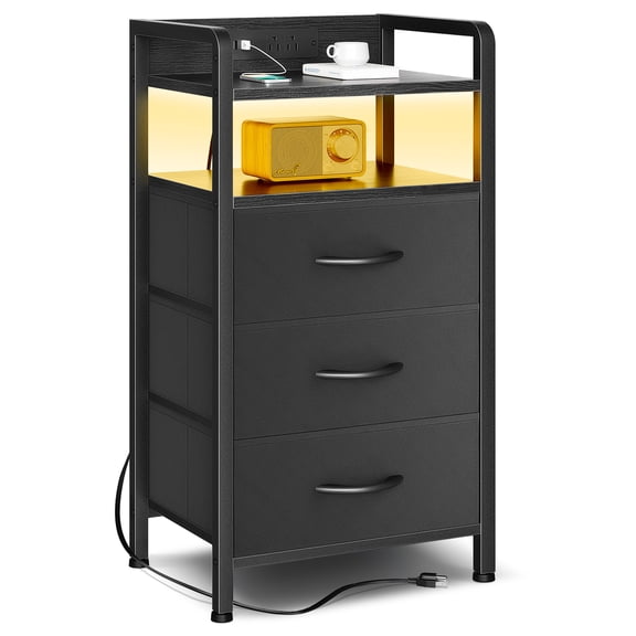 Bestco LED Nightstand End Table with Charging Station & 3 Drawers for Bedroom Black