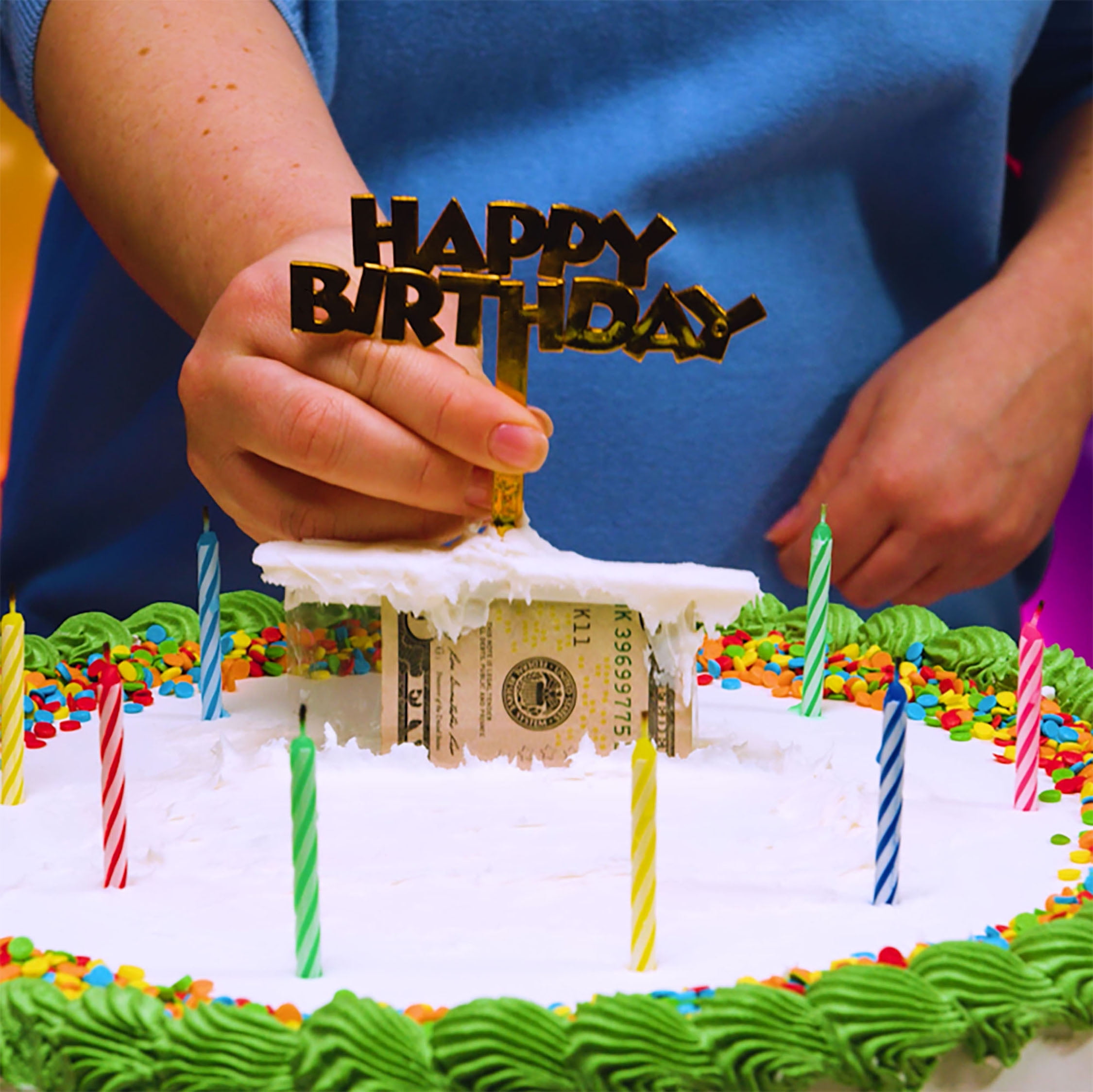 Best Party Ever Happy Birthday White Cake Topper, Cash Stash Surprise, 2 inch Width