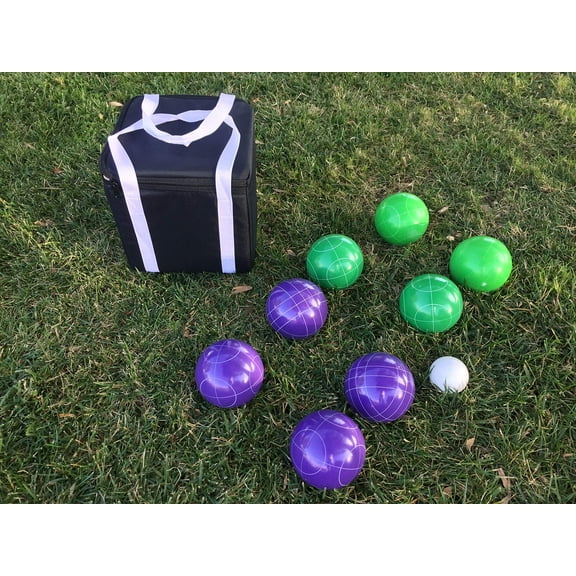 New Listing - Unique Bocce Sets - 107mm with Purple and Green Balls, Black Bag