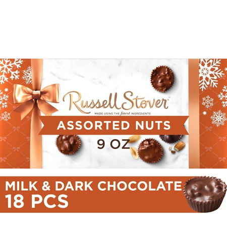 RUSSELL STOVER Christmas Chocolate Covered Nuts Assortment in Milk & Dark Chocolate Gift Box, 9 oz. (18 Pieces)
