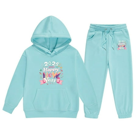 LUOGENLI Outfits Girls Jumpsuits & Rompers 4T 2025 New Year Printing Children s Middle and Large Children s Long Sleeved Letter Print Hooded Top Sweater Pants Set Sky Blue 6-7 Years