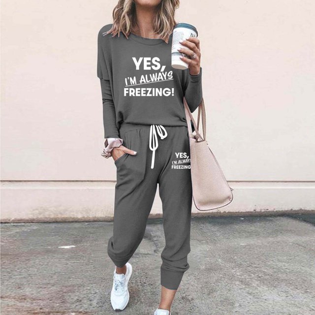 Puntoco Pijamas para mujer, conjunto de pijamas de invierno con estampado de letras, cuello redondo, manga larga, pantalones, ropa informal para el hogar