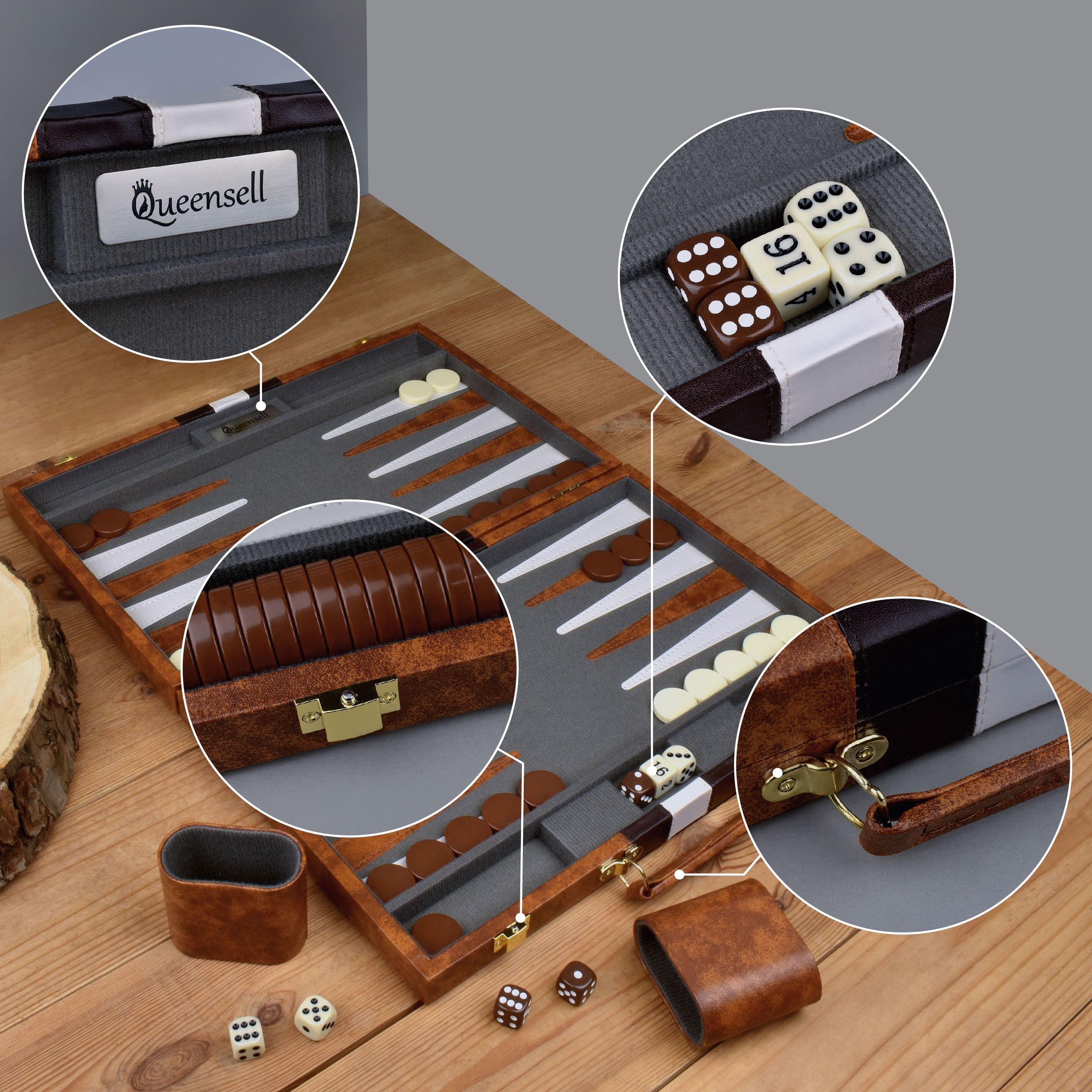 Queensell Backgammon Board Game Set – 15 inch with 32 Pieces in PU Leather Case for Adults and Kids
