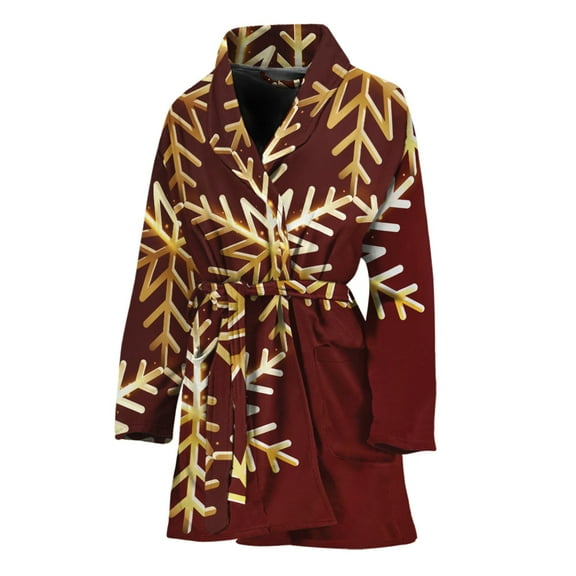 Golden Snowflake Women Bathrobe One Size Univeral Fits, Snow Winter Vibe Fashion Lightweight Plush Fleece Long Robe For Women