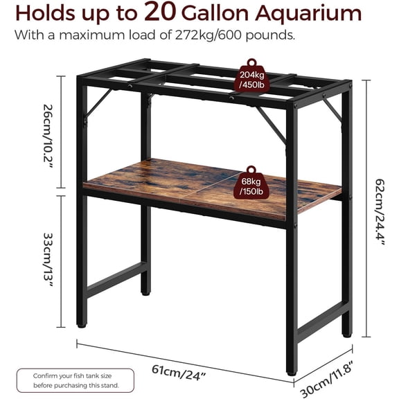 20 Gallon Fish Tank Stand, Aquarium Stand with 2-Tier Storage Shelves, Heavy Duty Breeder Turtle Terrarium Stand Rack for Home Office, 24.0" L x 11.8" W x 24.4" H, Rustic Brown FTHR2001