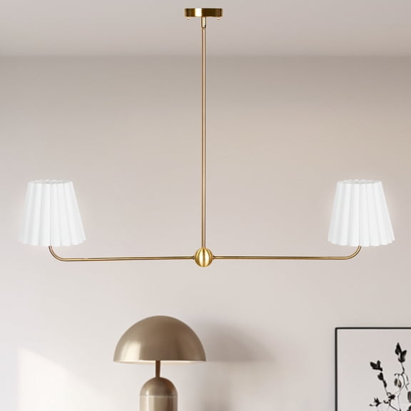 Elegant Linear Brass 2-Light 45 Inch Chandelier, Cleanly Ruffled White Linen Shade Light, Ceiling Mounted Light over Kitchen Island, for Living Room, Dining Room