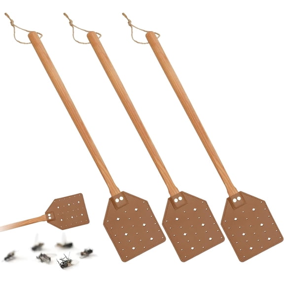 3 Pack Leather Fly Swatters with Lanyard, Sturdy Fly Swatter Heavy Duty Wood Fly Swatter for Indoors and Outdoors
