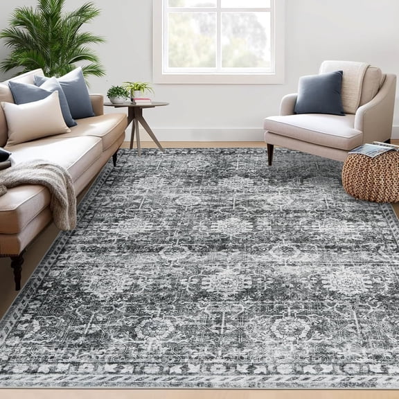 10x13 Ft Area Rug for Living Room Washable Non Slip Stain Resistant Distressed Vintage Floral Black and Grey