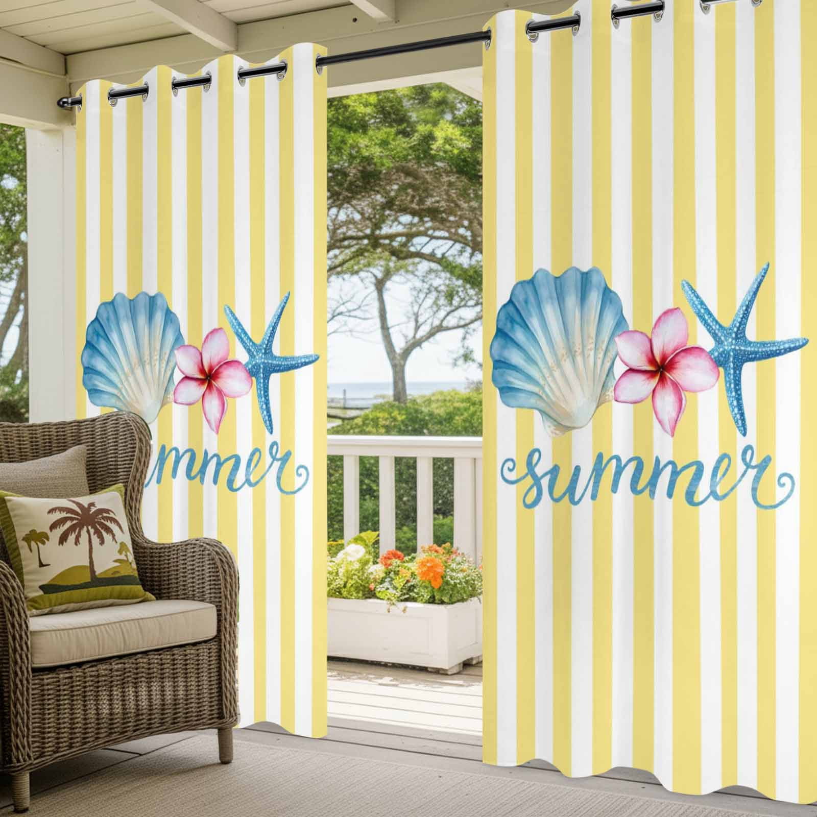 Starfish Shell Outdoor Curtains for Patio, Summer Pink Floral Yellow Stripes Sunshade Privacy Drapes Grommet Waterproof Outside Curtains for Porch/Cabana/Balcony 54"x 108", 1 Panel