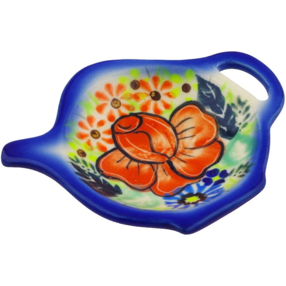 Polish Pottery 4¼-inch Tea Bag or Lemon Plate (Bold Poppies Theme) Signature UNIKAT Hand Painted in Boleslawiec, Poland Certificate of Authenticity