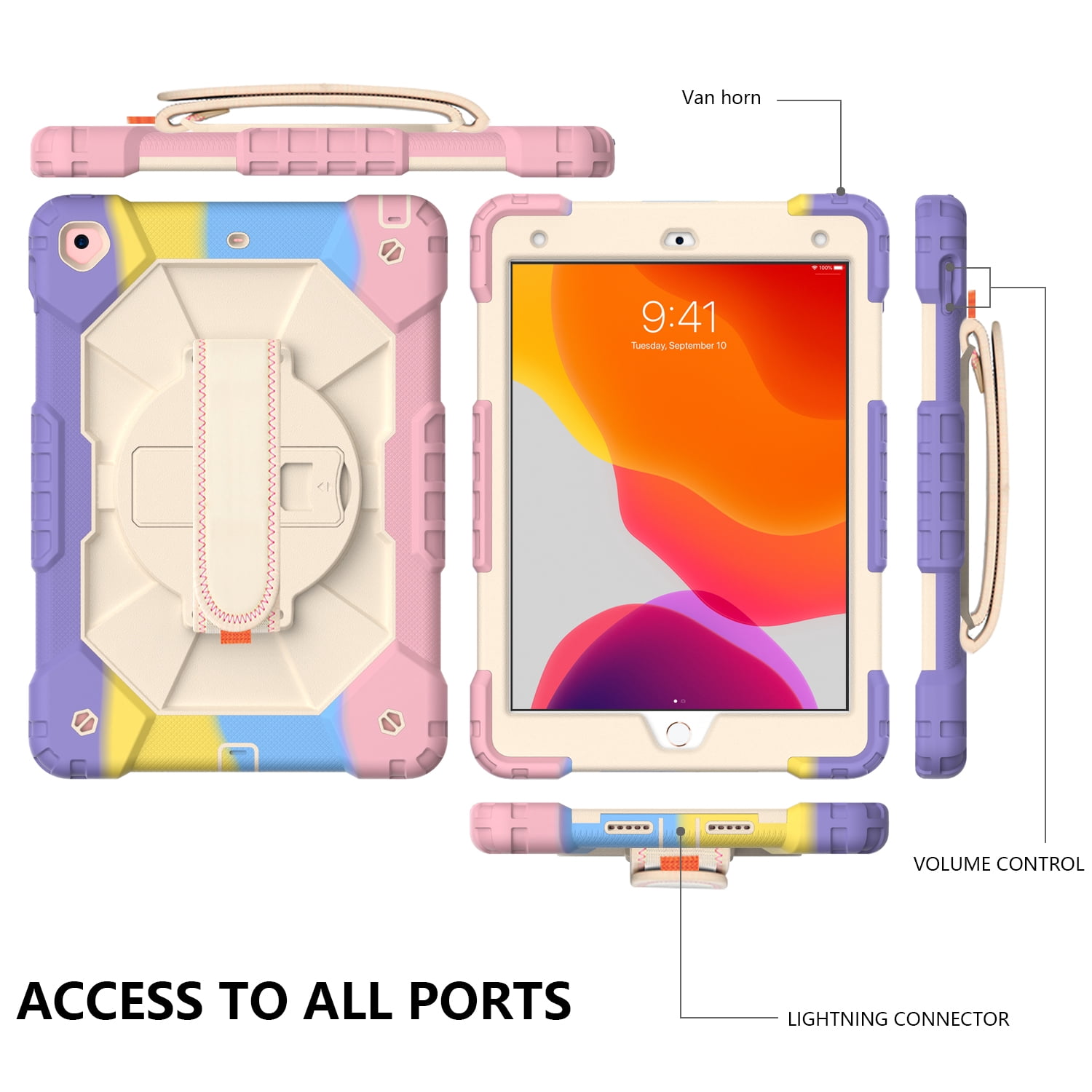 Case for iPad 9.7-inch 2018/2017, iPad Air 2 Case, iPad Pro 9.7 Cover, Kids Shockproof Rugged Hybrid 360 Rotating Stand Cover with Hand Shoulder Strap/Pencil Holder