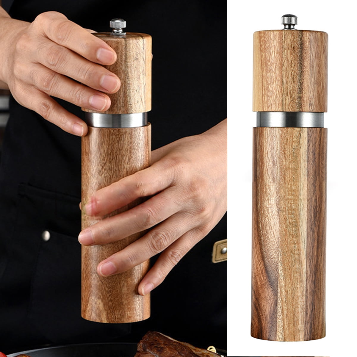 Salt and Pepper Grinder Set with Wood Tray, Manual Sea Salt, Spice and Peppercorn Mill, Glass Container, Stainless Steel Cap, Adjustable Coarseness