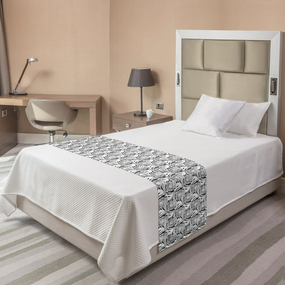 Floral Bed Runner, Monochrome Style Layout of Protea Flower Motifs, Decorative Accent Bedding Scarf for Hotels Homes and Guestrooms, Twin, Charcoal Grey and White, by Ambesonne